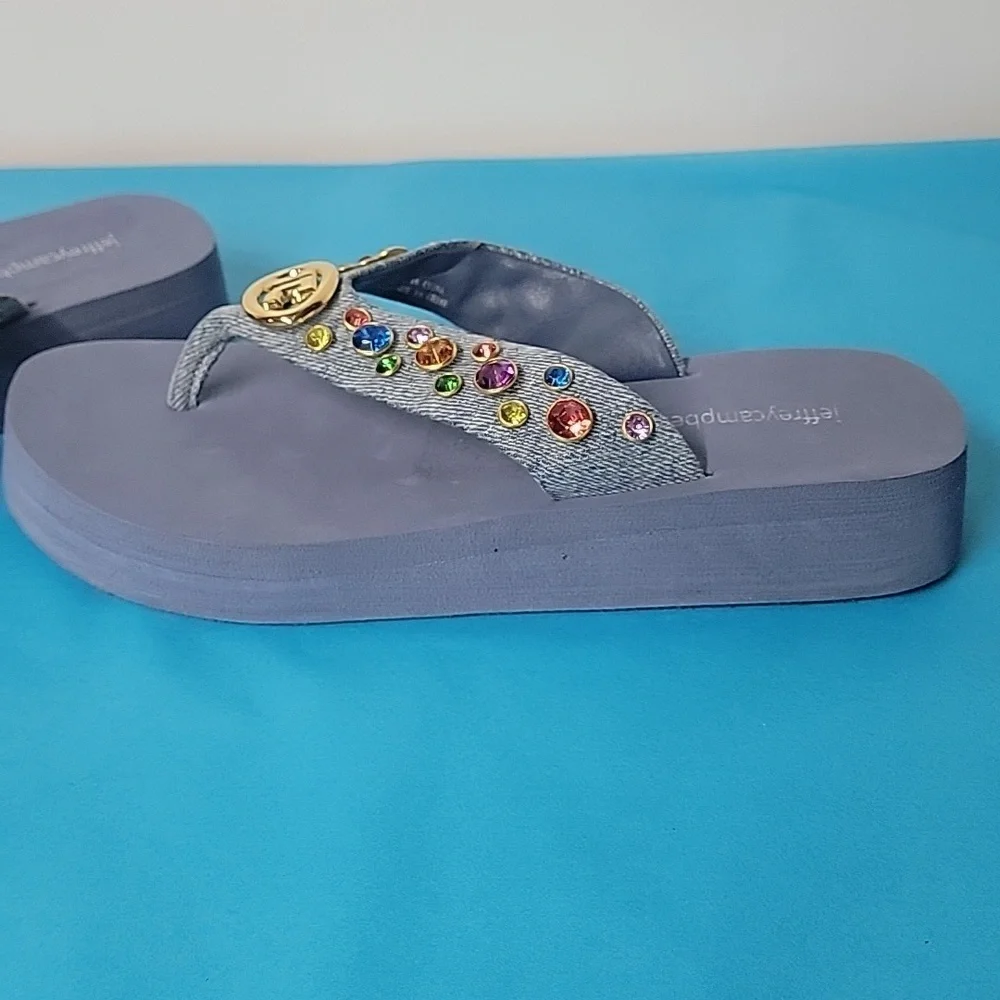 Jeffrey Campbell ICONICS Flip Flop In Blue Denim Multi Color Gemstones Size 9 - Picture 7 of 10